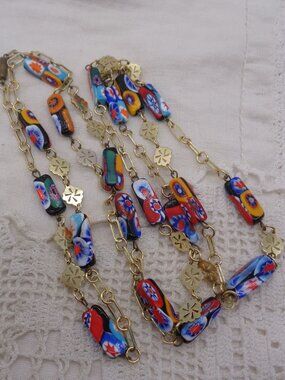 Vintage Venetian Rectangular MILLEFIORI Glass BEAD NECKLACE Murano